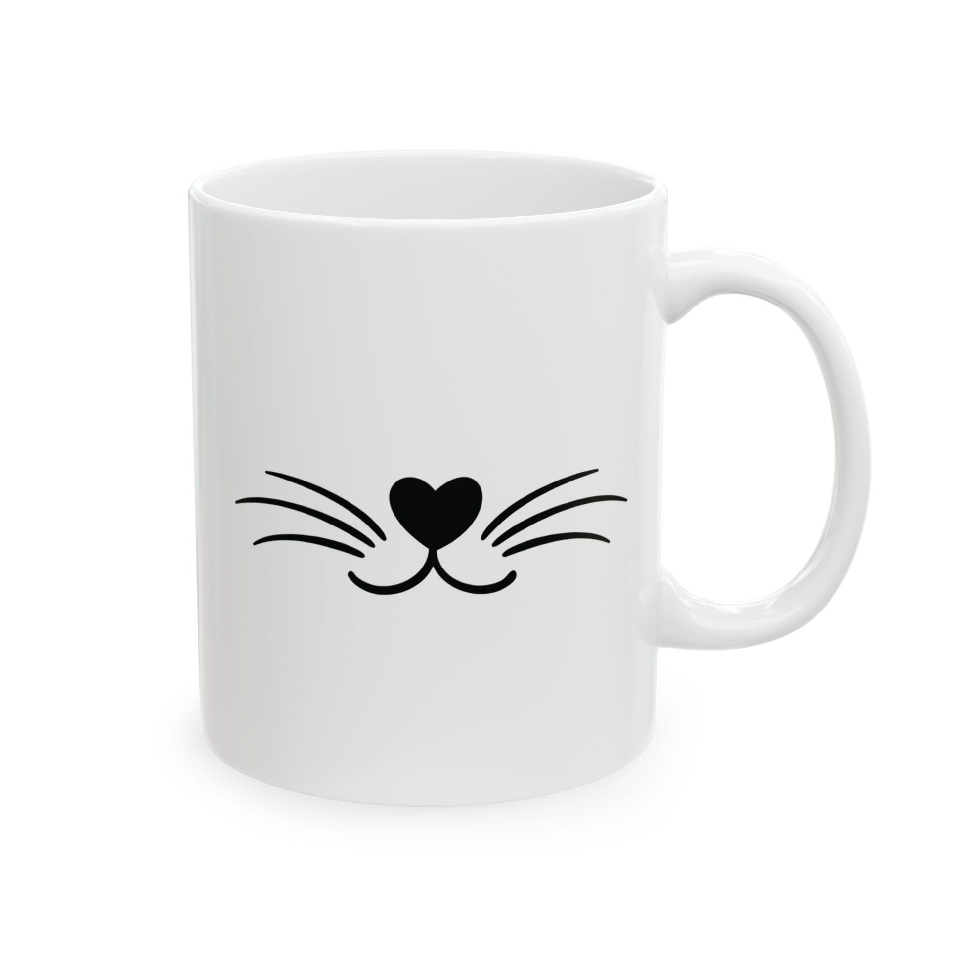 White mug with black heart and whisker cat design on a white background