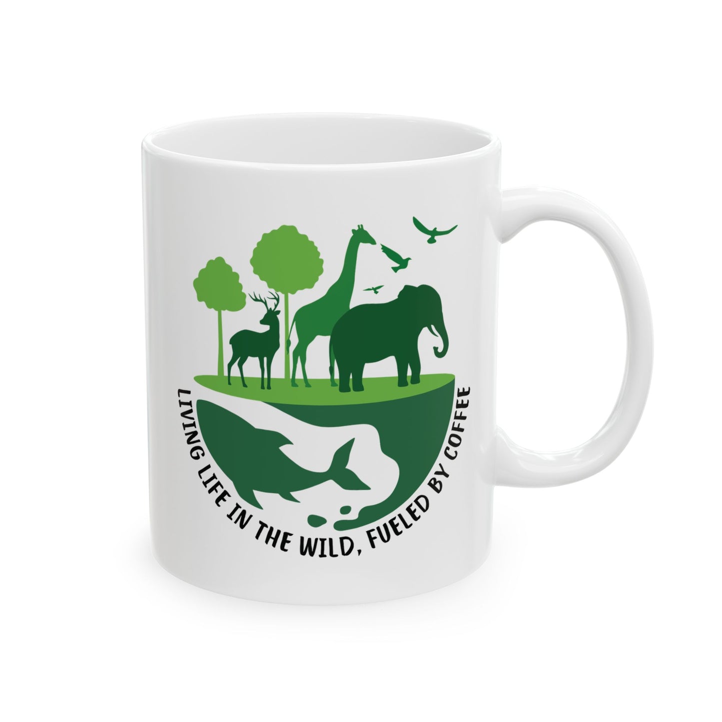White mug with green wildlife design and living life in the wild, fueled by coffee text Wildlife Biologist coffee mug