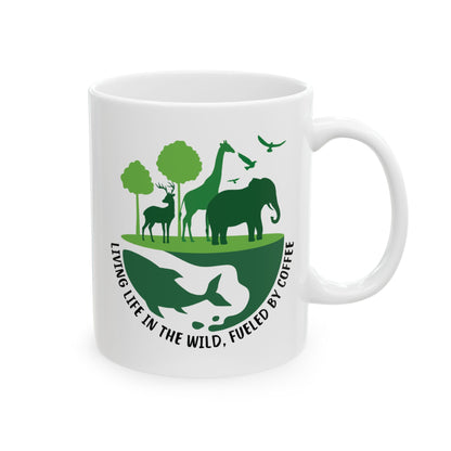 White mug with green wildlife design and living life in the wild, fueled by coffee text Wildlife Biologist coffee mug