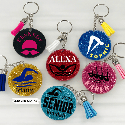 Collection of personalized keychains with names and swimmer icons. Personalized Swim Keychain | Artistic Swim Keychain. Personalized Swim Keychain, Swimmer Keyring, Swimmer Gift, Dive Team Gift, Aquatics Swim Team Gift, Artistic Swim Gift, Swim Fin Gift