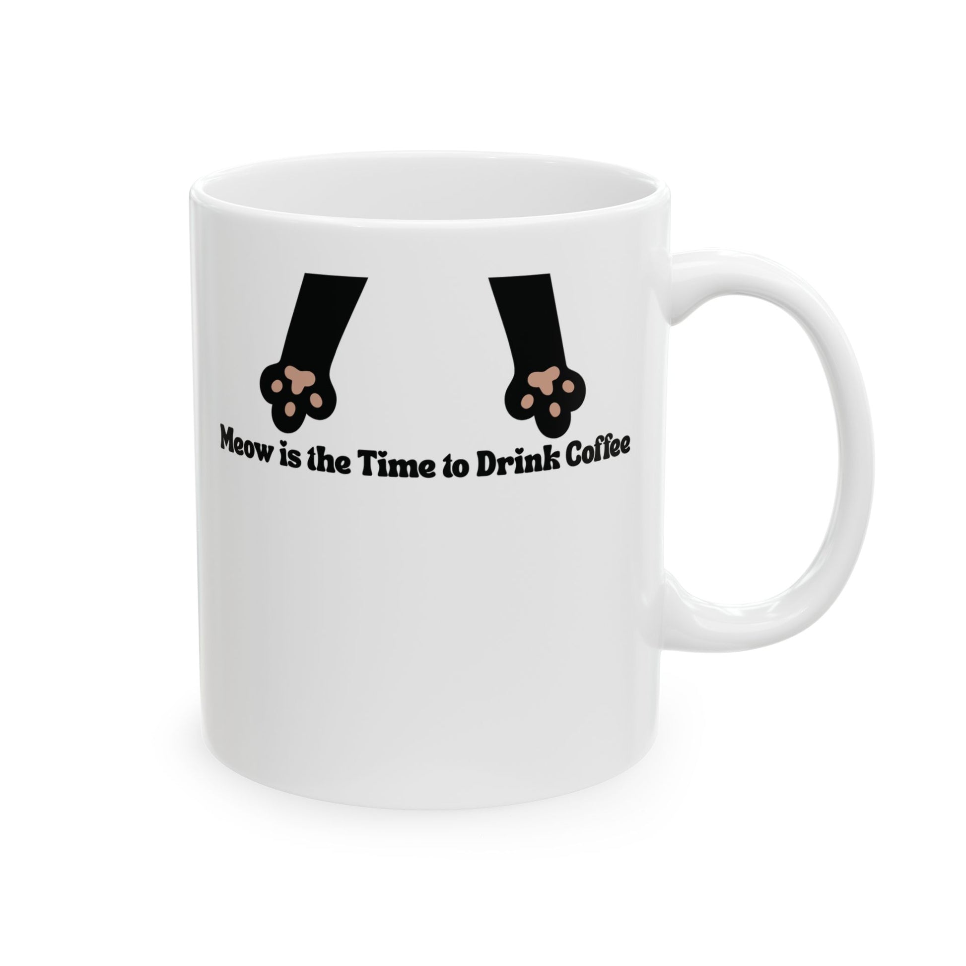 White mug with cat paws and text 'Meow is the Time to Drink Coffee' on a white background
