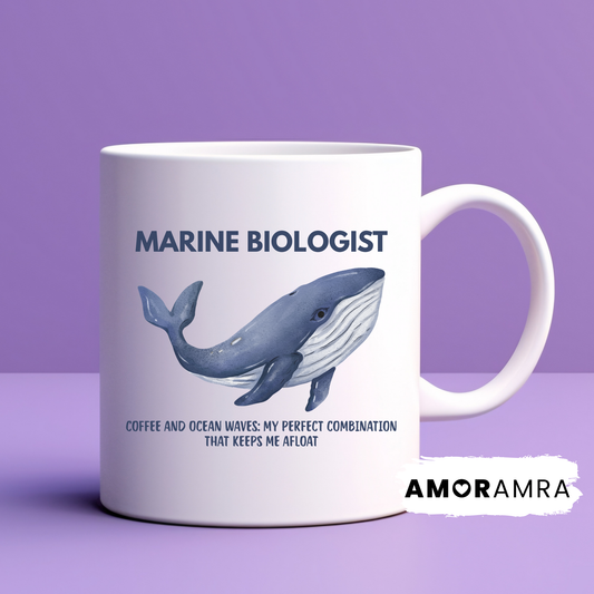 Mug with whale illustration and marine biologist text