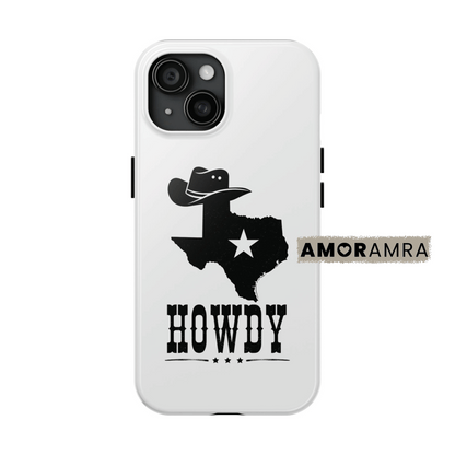 Phone case with Texas design and 'Howdy' text on a white background. This Howdy Texas iPhone case is the perfect choice for anyone who loves cowboy hats, southern charm, and that sweet Texan hospitality. Designed with a bold state of Texas silhouette and a classic cowboy hat, this case screams Southern vibes! Texas Howdy Yall iphone case. lone star state phone case.