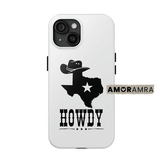 Phone case with Texas design and 'Howdy' text on a white background. This Howdy Texas iPhone case is the perfect choice for anyone who loves cowboy hats, southern charm, and that sweet Texan hospitality. Designed with a bold state of Texas silhouette and a classic cowboy hat, this case screams Southern vibes! Texas Howdy Yall iphone case. lone star state phone case.