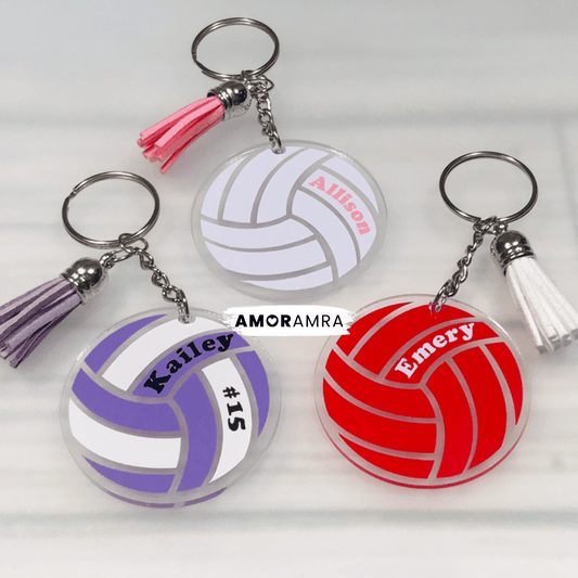Three volleyball-themed keychains with names and numbers on a white background. Personalized Volleyball Keychain, Volleyball Bag tag, Volleyball Coach Gift, Volleyball Team Gifts, Custom Volleyball Gift