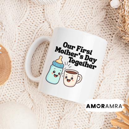Mug with 'Our First Mother's Day Together' text and cartoon bottle and cup design