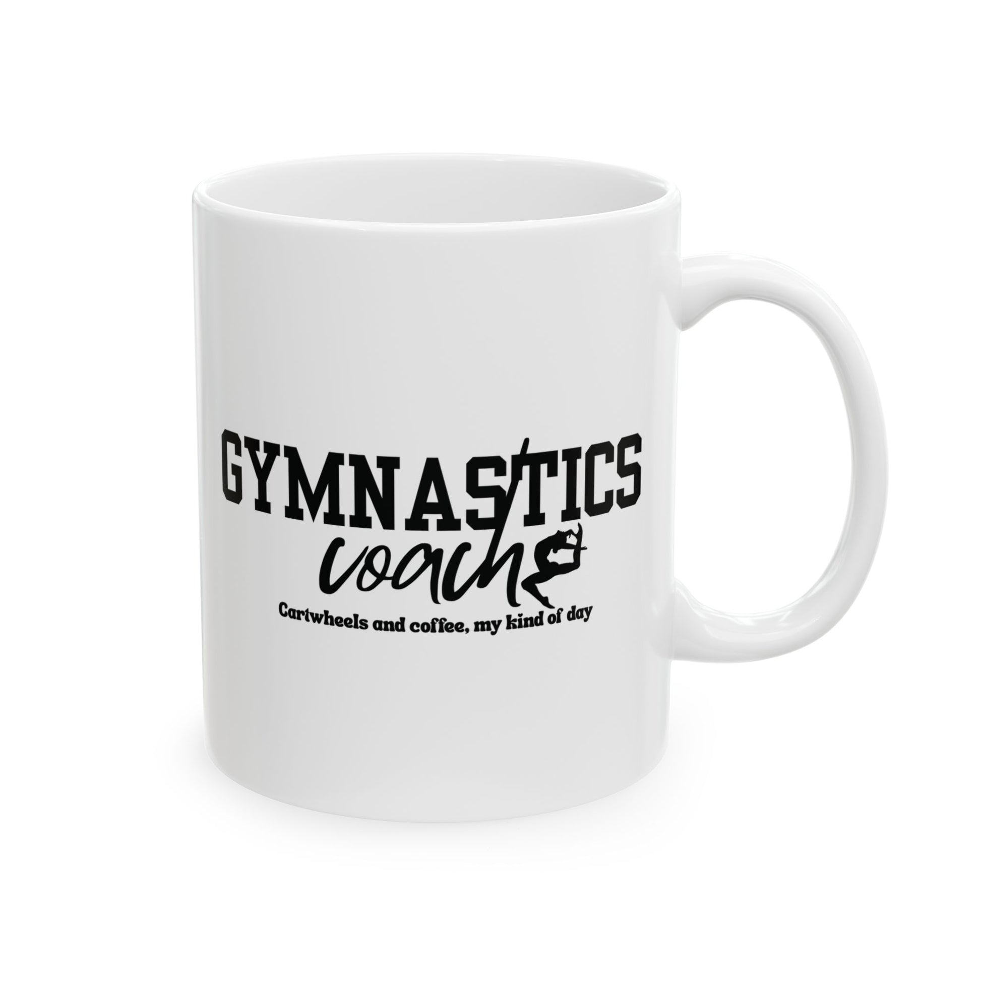 White mug with 'Gymnastics Coach' text on a white background