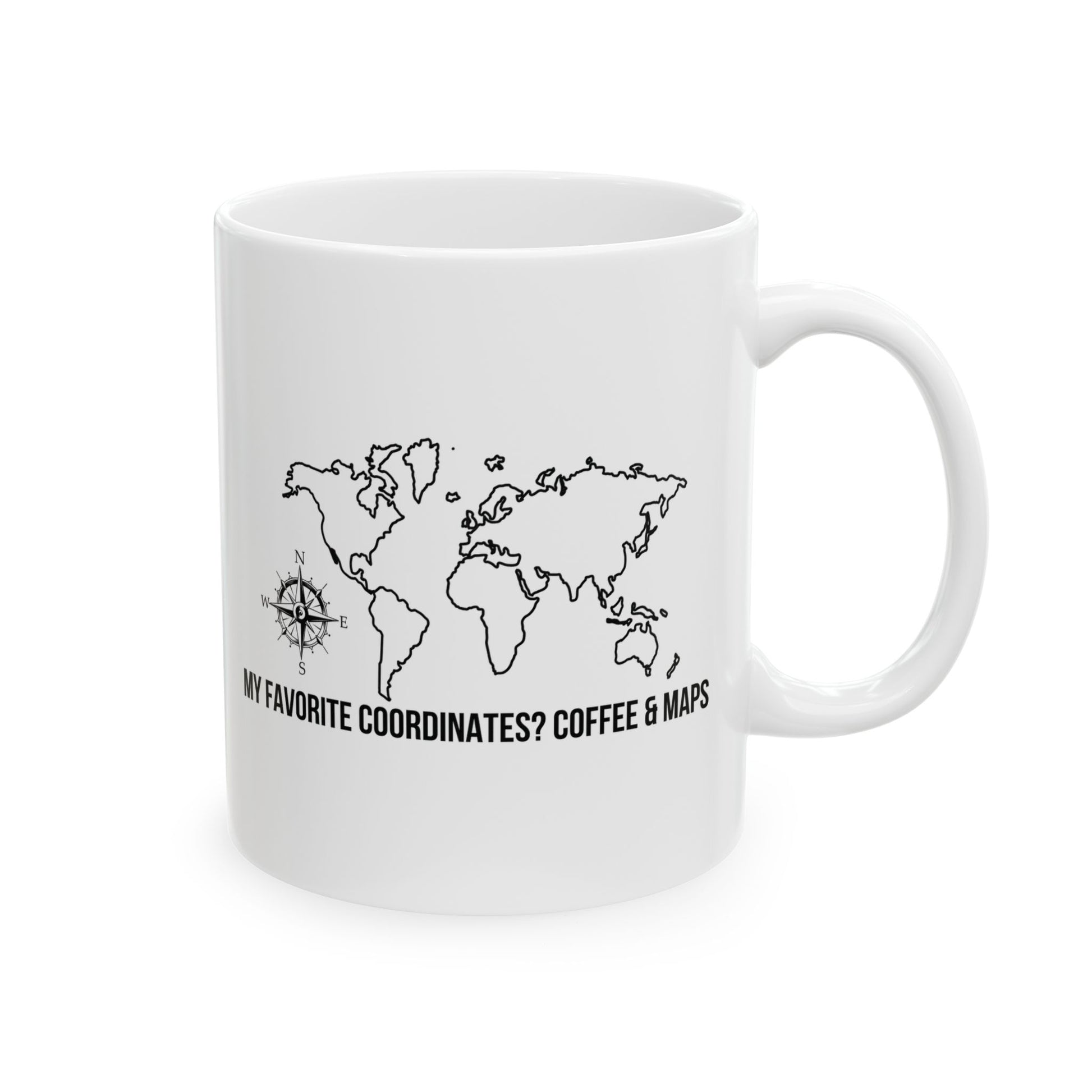White mug with world map and my favorite coordinates? coffee & maps text. cartographer coffee mug