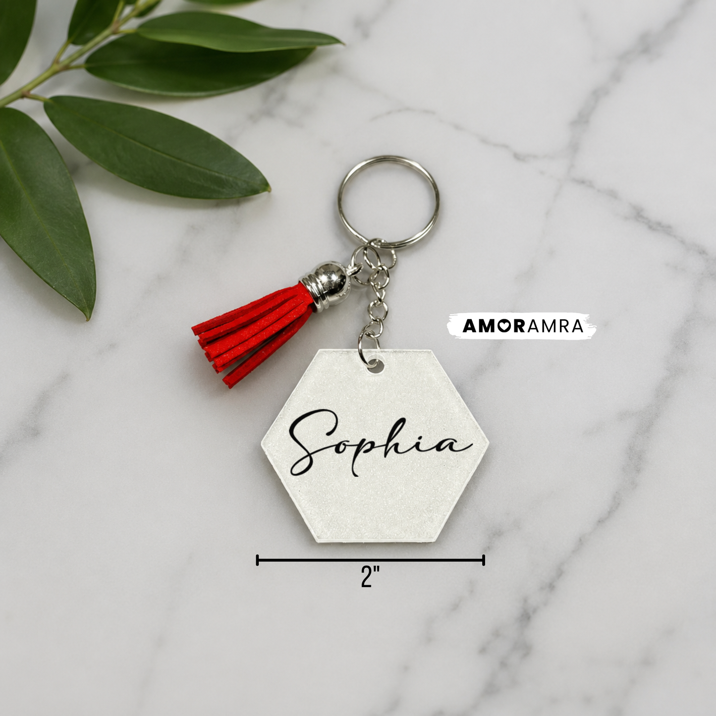 Personalized White Glitter Hexagon Keychain