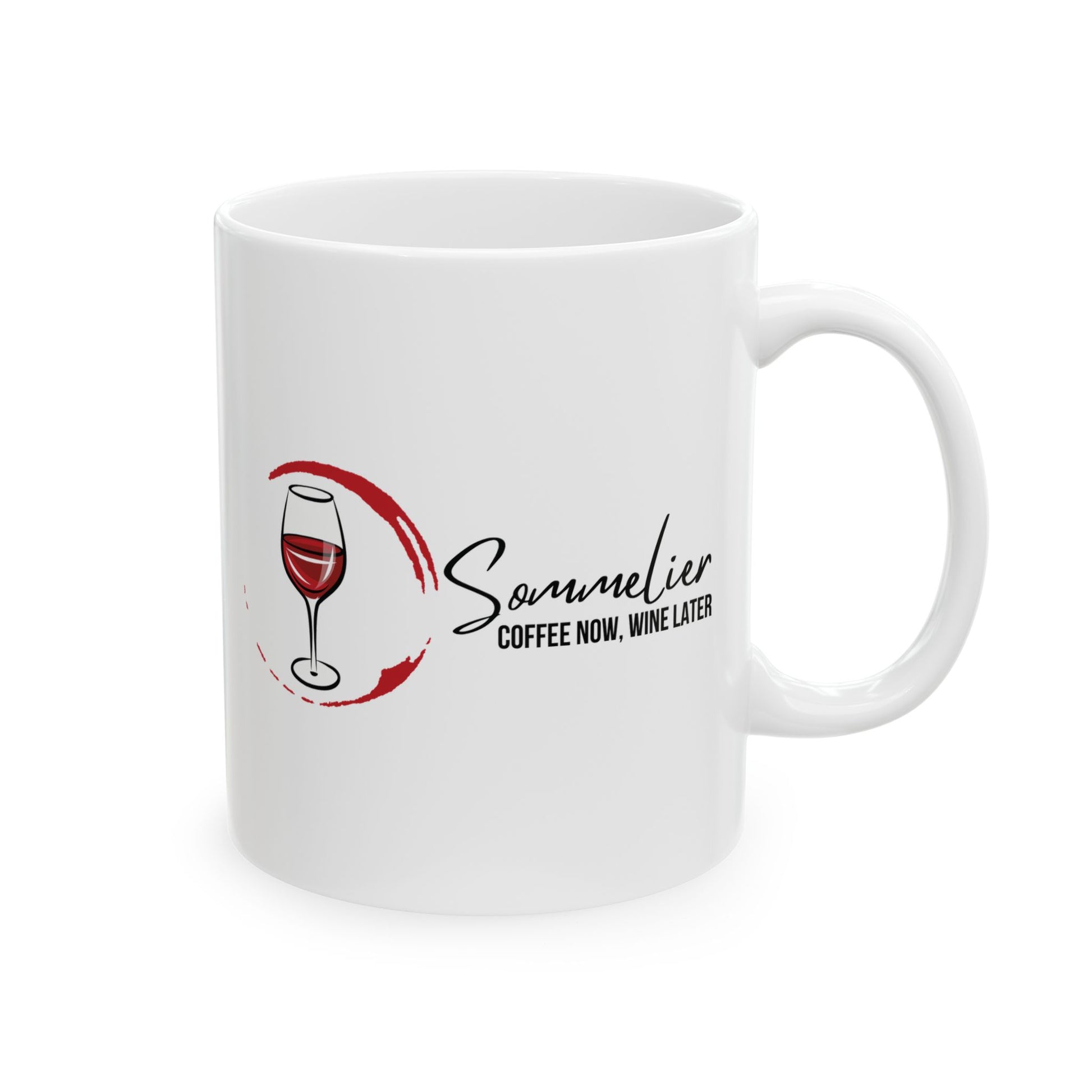 White mug with 'Sommelier Coffee Now, Wine Later' text and wine glass design on a white background