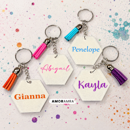 Personalized White Glitter Hexagon Keychain