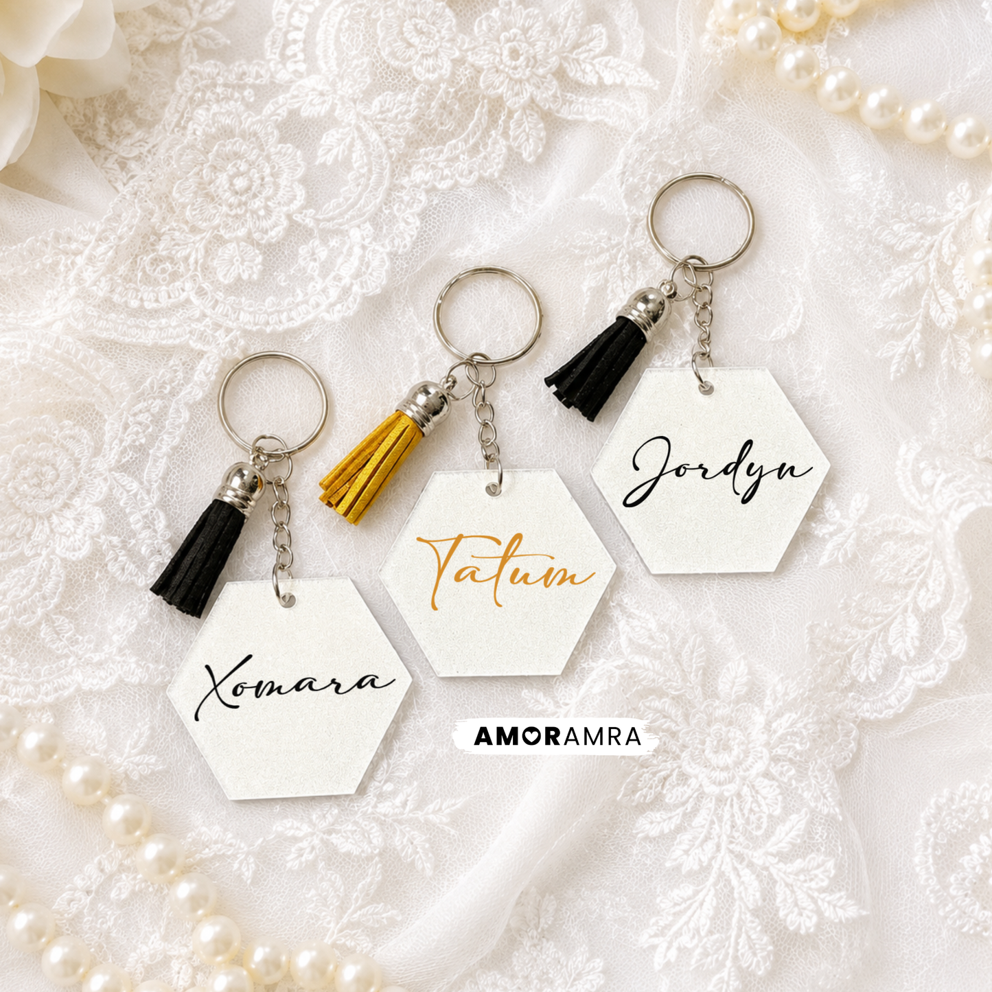 Personalized White Glitter Hexagon Keychain