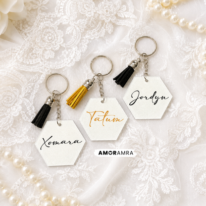Personalized White Glitter Hexagon Keychain