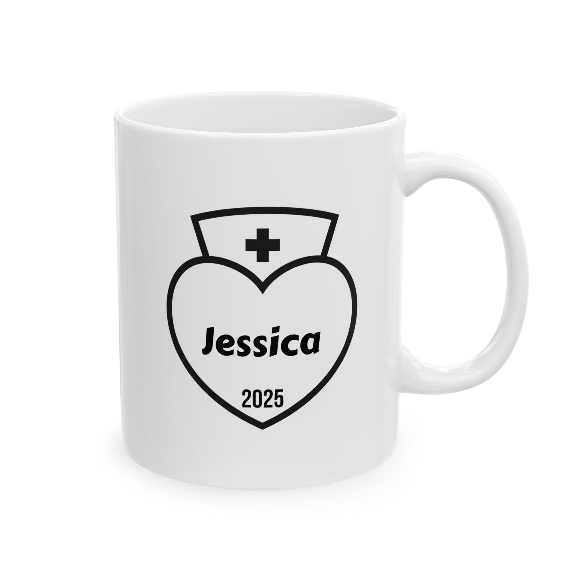 White mug with a black heart-shaped nurse design 