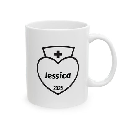 White mug with a black heart-shaped nurse design 
