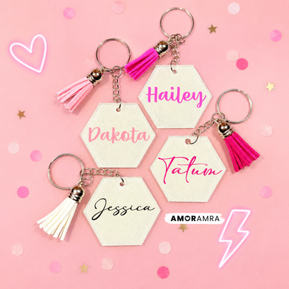 Personalized White Glitter Hexagon Keychain