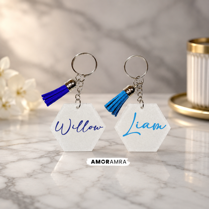 Personalized White Glitter Hexagon Keychain