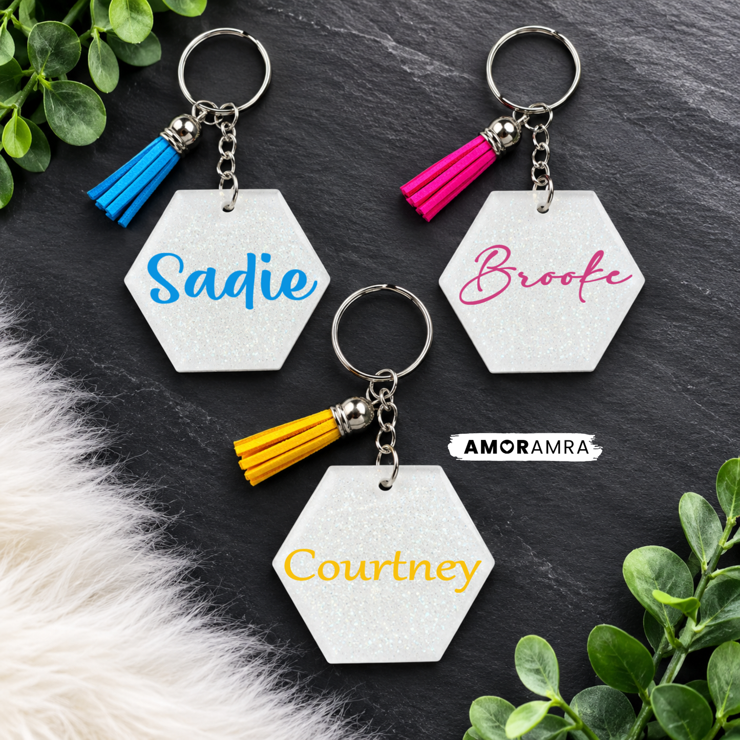 Personalized White Glitter Hexagon Keychain