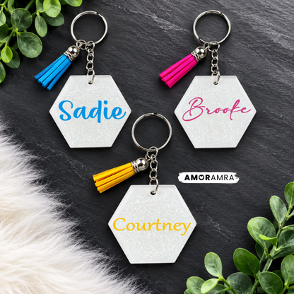 Personalized White Glitter Hexagon Keychain