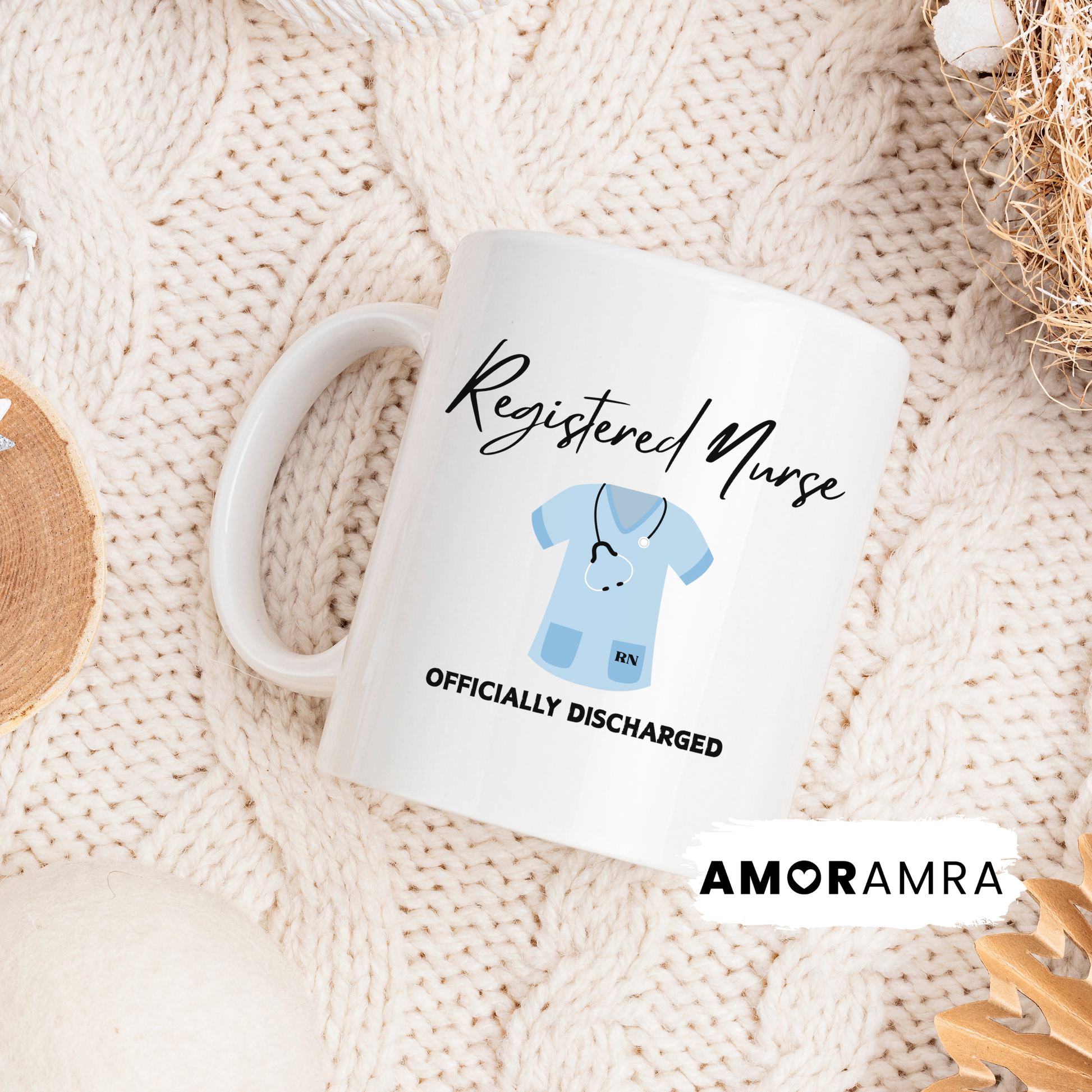 White mug with 'Registered Nurse' text and stethoscope nurse scrub graphic. officially discharged text for retiring nurses.
