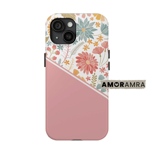 Phone case with floral design and pink accent. Delicate blooms. Soft colors. A garden you can carry.