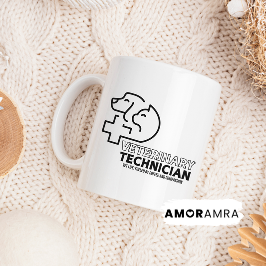 White mug with 'Veterinary Technician' design with text Vet Life: Fueled by coffee and compassion