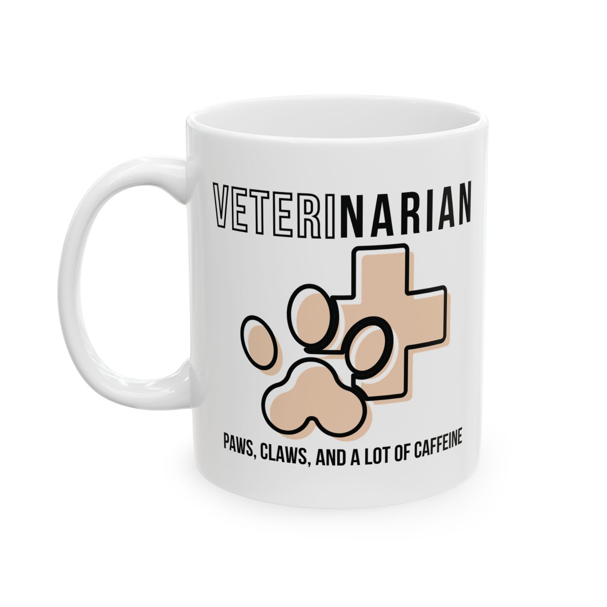 White mug with 'Veterinarian' text and paw print design on a white background