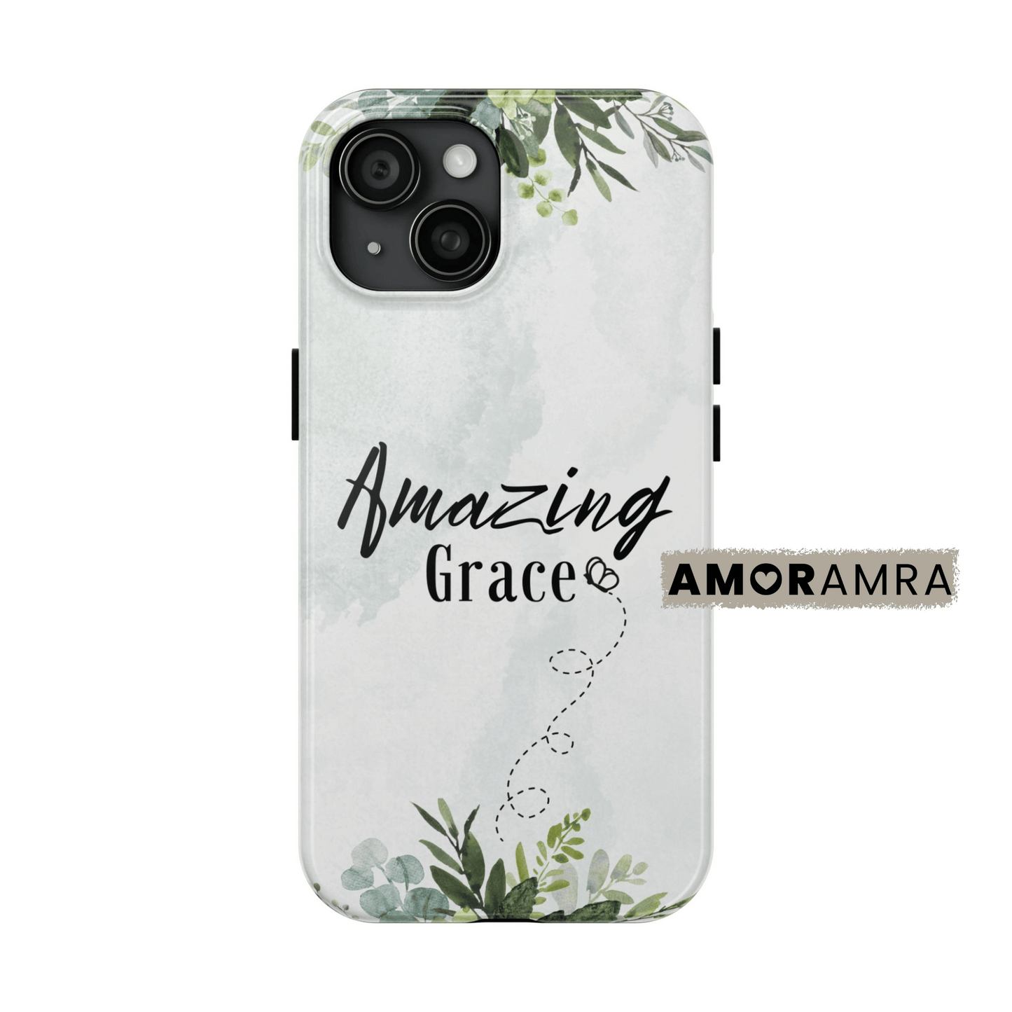 Phone case with 'Amazing Grace' text and green leaf design. features the beloved words “Amazing Grace” surrounded by soft watercolor greenery, a quiet tribute to faith, hope, and the beauty of spiritual strength