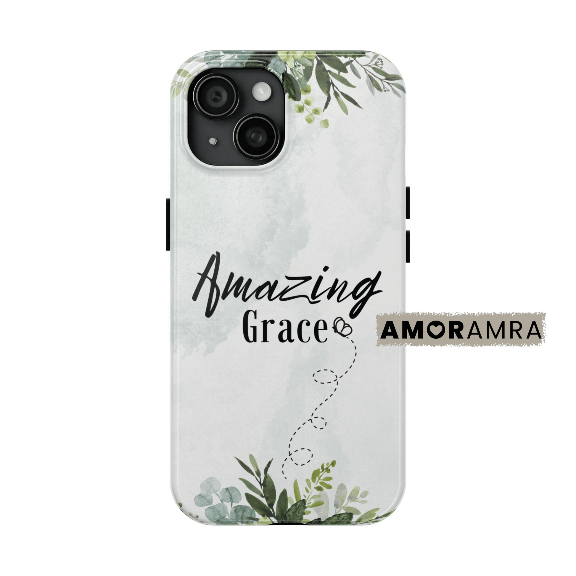 Phone case with 'Amazing Grace' text and green leaf design. features the beloved words “Amazing Grace” surrounded by soft watercolor greenery, a quiet tribute to faith, hope, and the beauty of spiritual strength