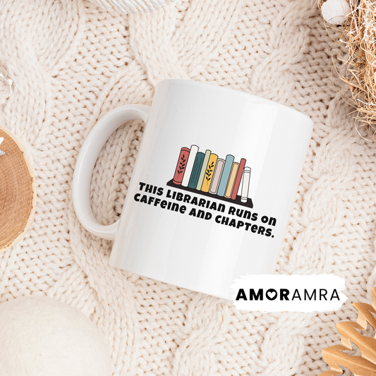 White mug with book design. this librarian runs on caffeine and chapters text