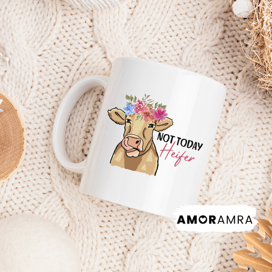 White mug with a highland cow illustration and 'Not Today Heifer' text 