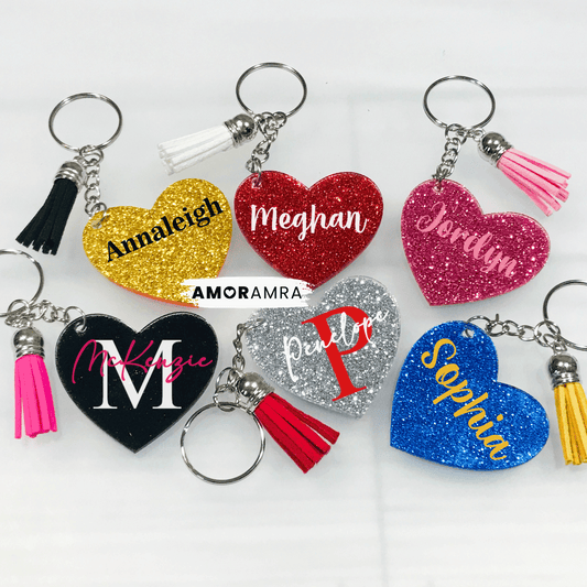 Heart-shaped keychains with names and tassels. Personalized Heart Keychain, Heart Acrylic Keychain, Valentine’s Day Keychain, Custom Heart Keychain, Glitter Heart Keychain
