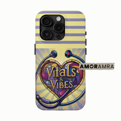 Phone case with 'Vitals & Vibes' design and stethoscope illustration on a yellow and purple striped background. This sleek iPhone case features a stethoscope looping into a heart design, perfect for nurses, doctors, and medical professionals who live for vitals and vibes.