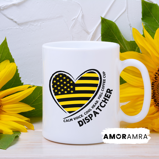 White mug with American flag heart design and dispatcher, calm voice, cool head, full coffee cup text