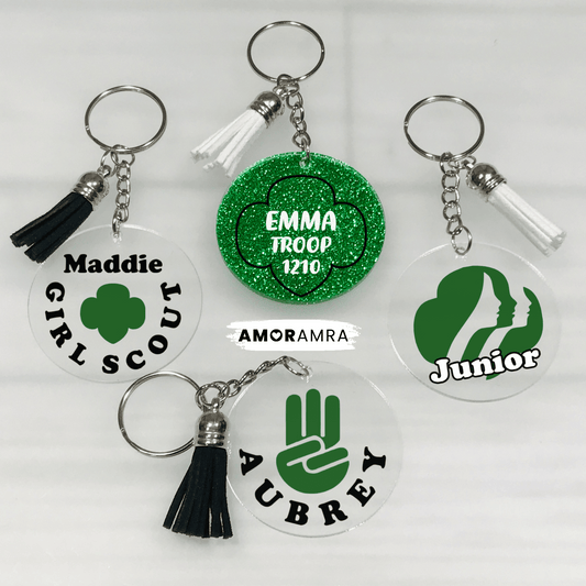 Set of Girl Scout-themed keychains with names and troop information on a white background. Personalized Girl Scout Keychain, Girl Scout Leaders & Bridging Ceremonies, Girl Scout Troop Number, Trefoil Keychain, Troop Keychain Gift
