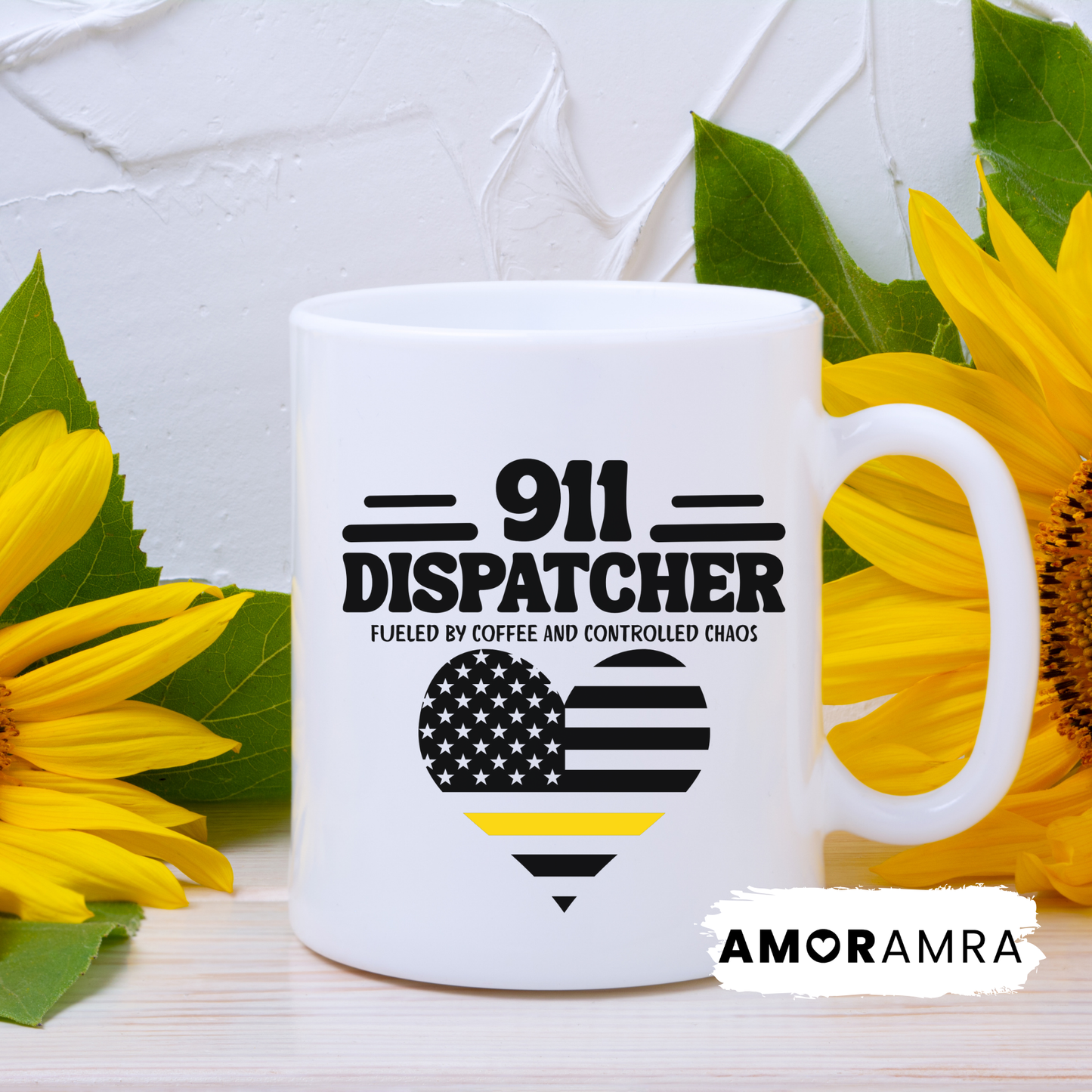 White mug with '911 Dispatcher' text and fueled by coffee and controlled chaos 911 dispatcher thin yellow gold line coffee mug