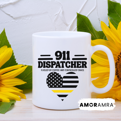 White mug with '911 Dispatcher' text and fueled by coffee and controlled chaos 911 dispatcher thin yellow gold line coffee mug