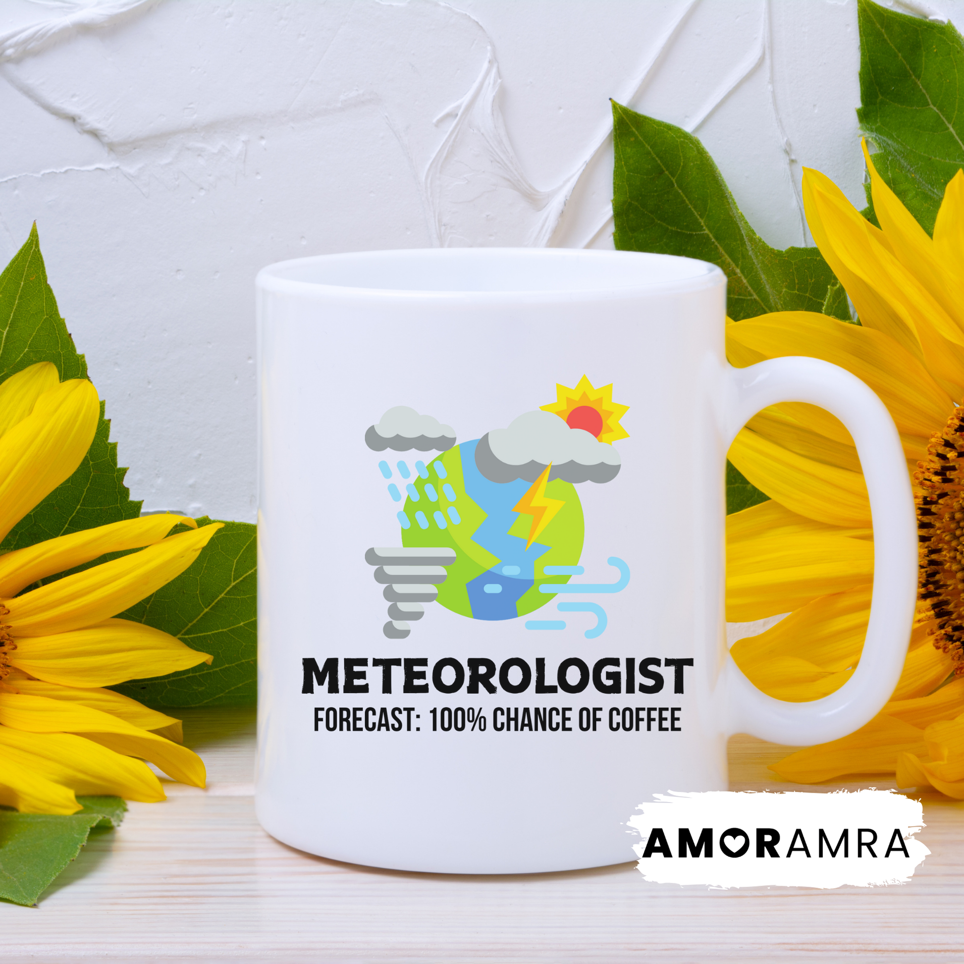 White mug with meteorologist design and text meteorologist forecast 100% chance of coffee