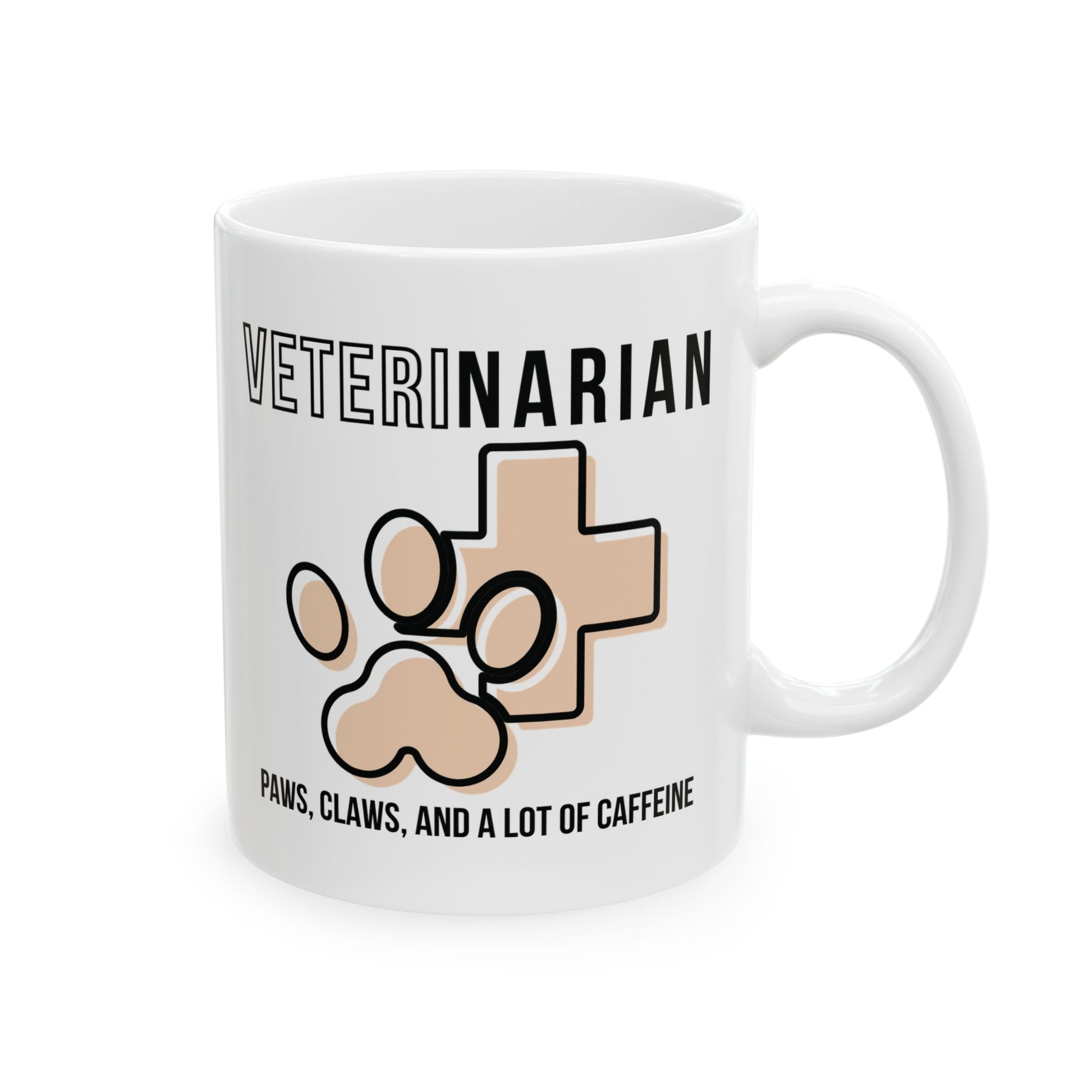 White mug with 'VETERINARIAN' text, paw print, and cross symbol on a white background