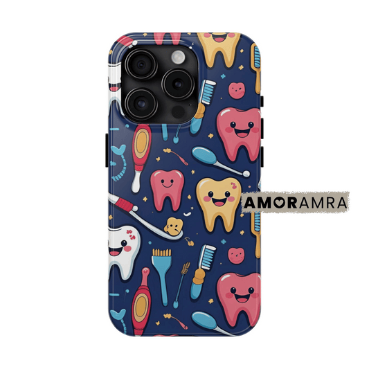 Phone case with dental-themed design on a blue background. Give your phone a bright smile with this playful dental tools phone case! Featuring a mirror, explorer, and cheerful tooth graphics, this design is made for dental hygienists, assistants, and endodontists who love their tools as much as their patients. A great gift for graduation, Dental Assistant Week, or just because.