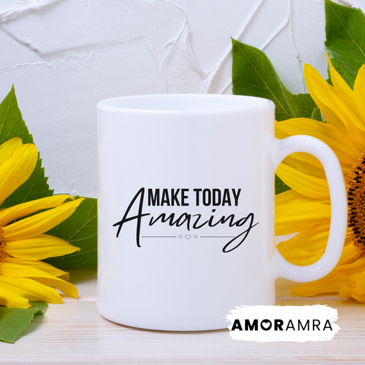 White mug with 'Make Today Amazing' text, motivational text