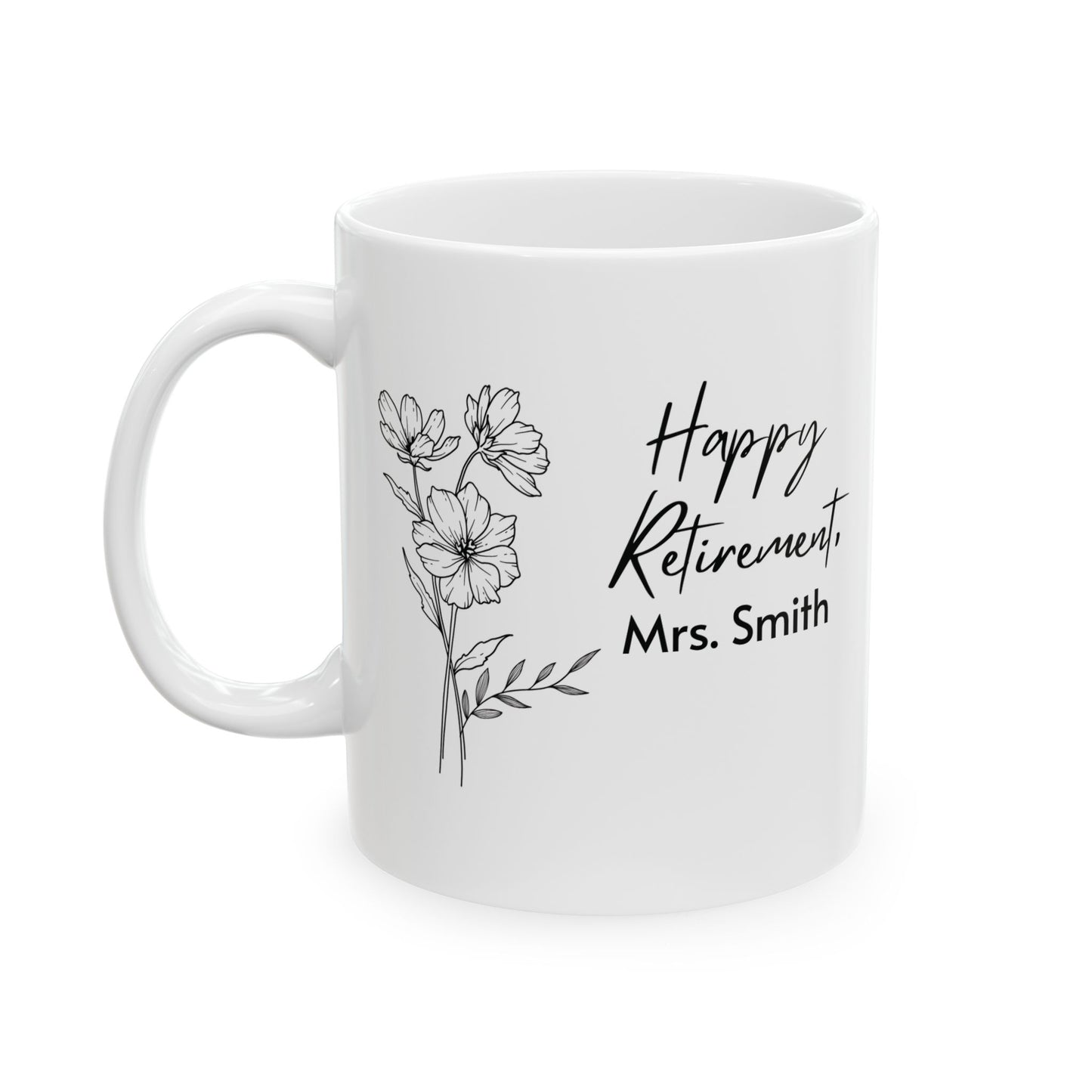 White mug with floral design and 'Happy Retirement' and personalized text on a white background