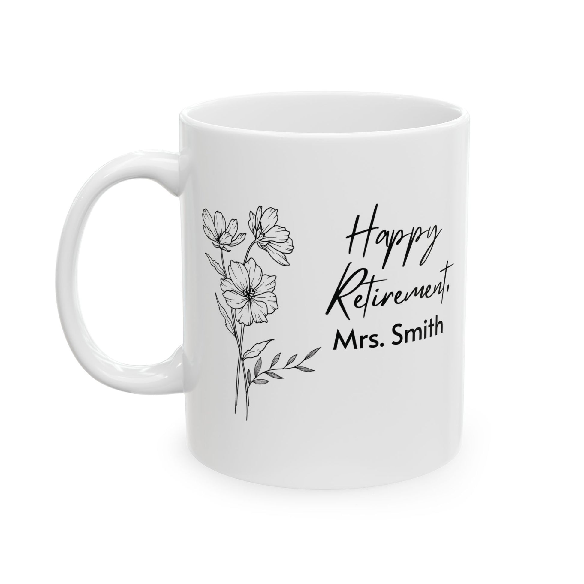 White mug with floral design and 'Happy Retirement' and personalized text on a white background