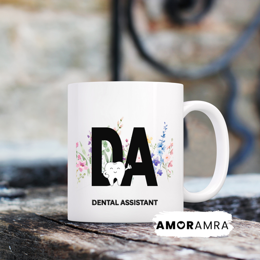 White mug with 'DA Dental Assistant' design featuring a dental assistant logo, 
