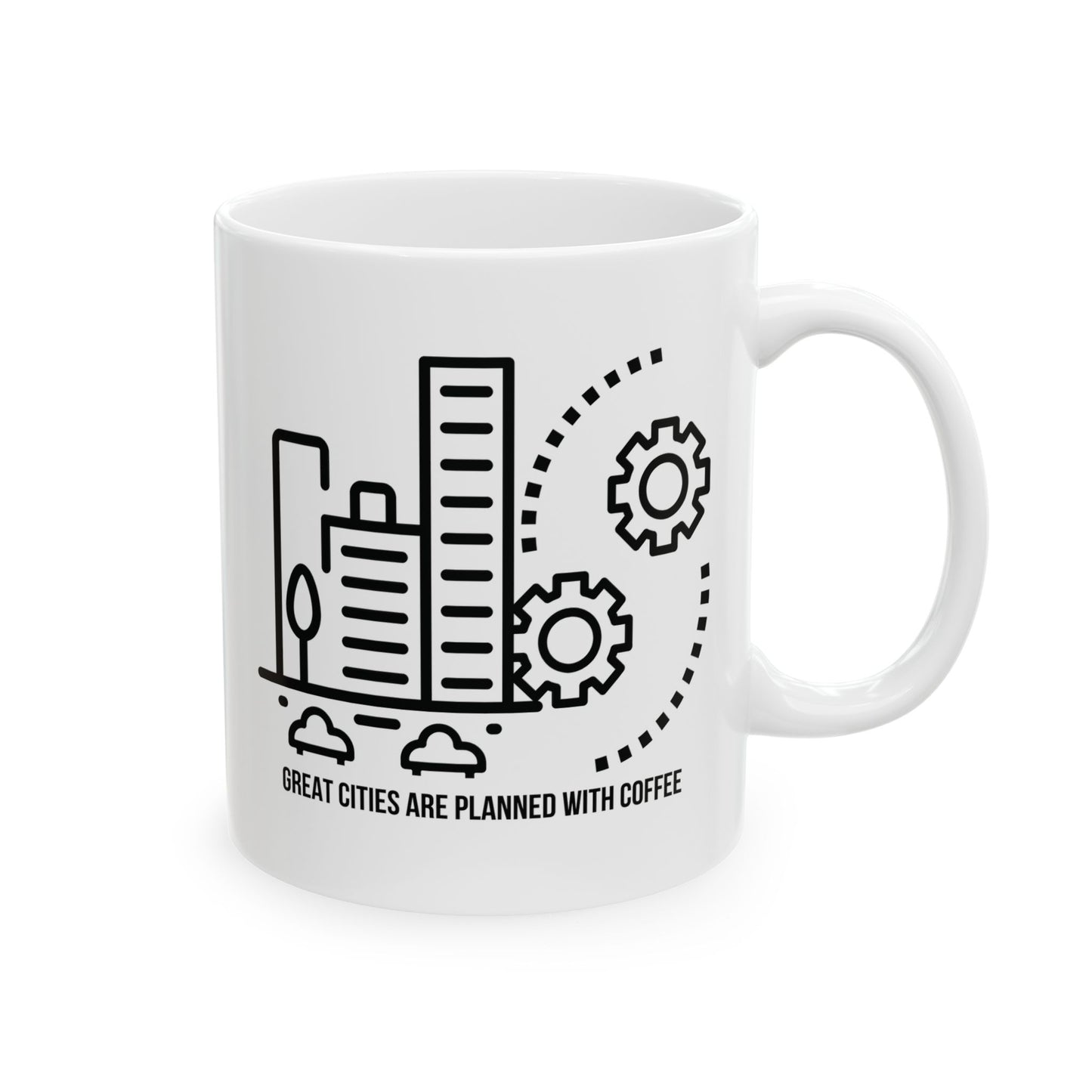 White mug with black cityscape and urban planner - great cities are planned with coffee text