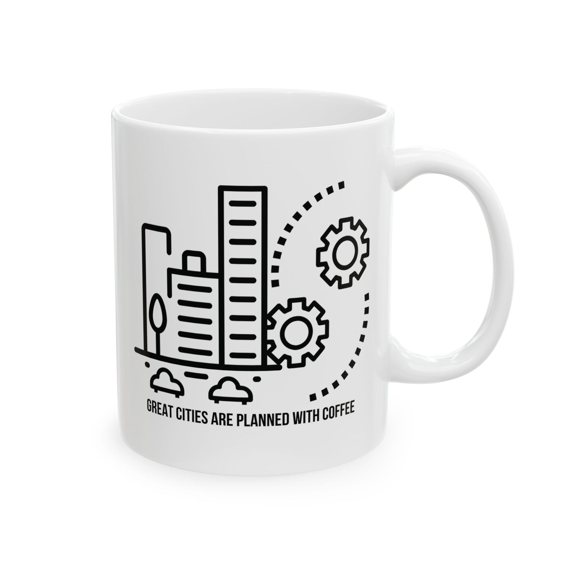White mug with black cityscape and urban planner - great cities are planned with coffee text