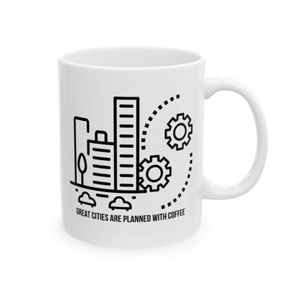 White mug with black cityscape and urban planner - great cities are planned with coffee text