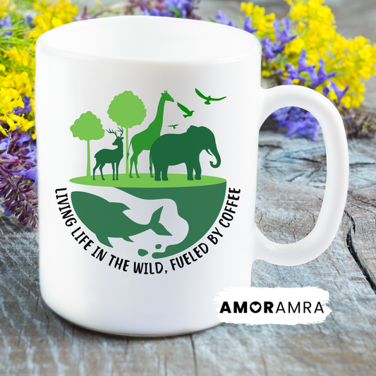 White mug with green wildlife design and living life in the wild fueled by coffee Wildlife Biologist coffee mug