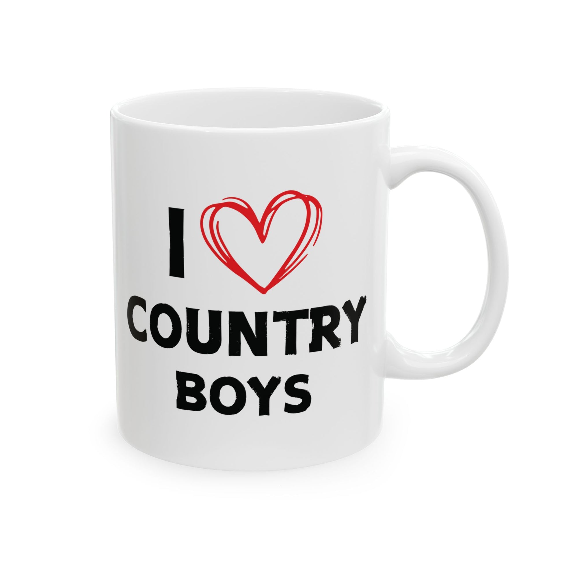 White mug with 'I ❤️ COUNTRY BOYS' text on a white background