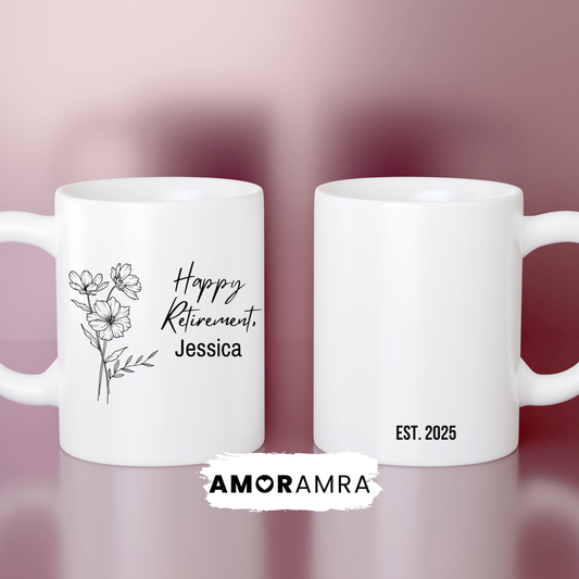 Two white mugs with Happy Retirement and personalized text 